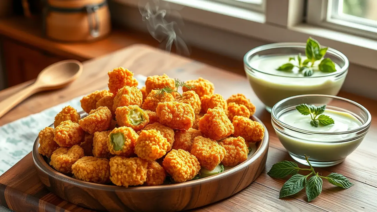 Fried Okra with Cucumber Dill Sauce