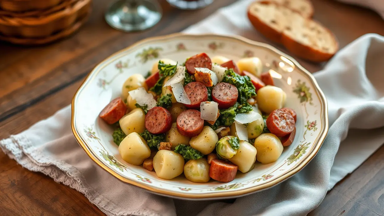 Gnocchi, Brussel Sprouts, Chicken Sausage, and Kale Pesto