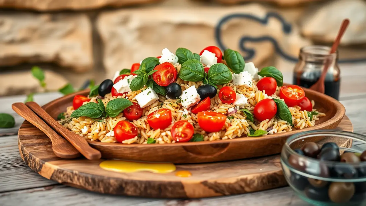 Spinach Orzo Salad with Feta, Tomatoes, and Basil Dressing