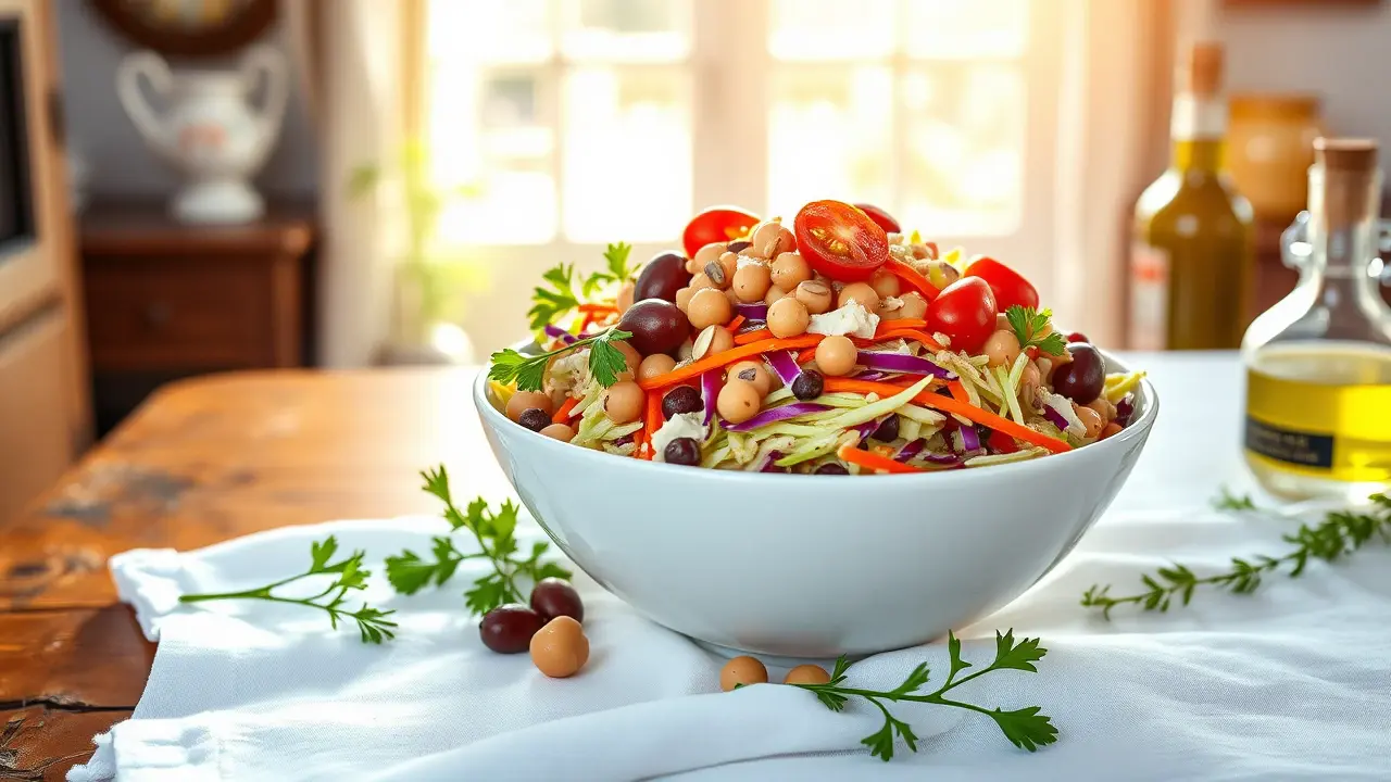 Healthy Greek Coleslaw with Kalamata Olives, Chickpeas, and Peperoncini