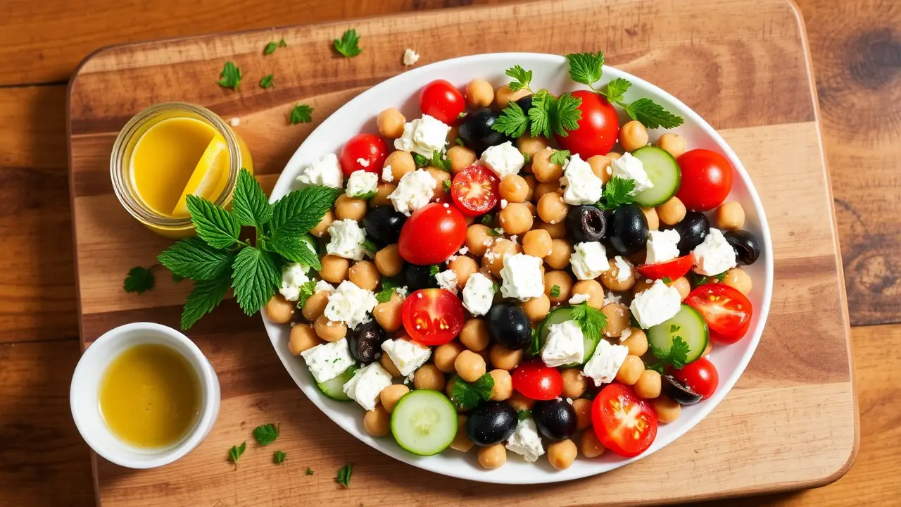 Healthy Mediterranean Chickpea Salad with Feta, Chcumbers and Herbs