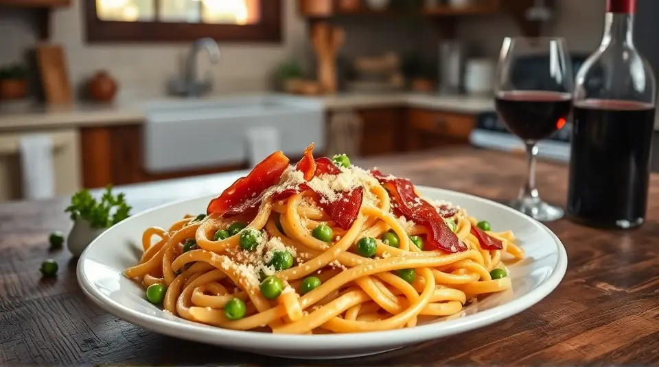 Parmesan Ziti with Peas and Prosciutto