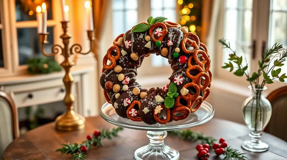 Chocolate Dipped Pretzel Christmas Wreath Appetizer