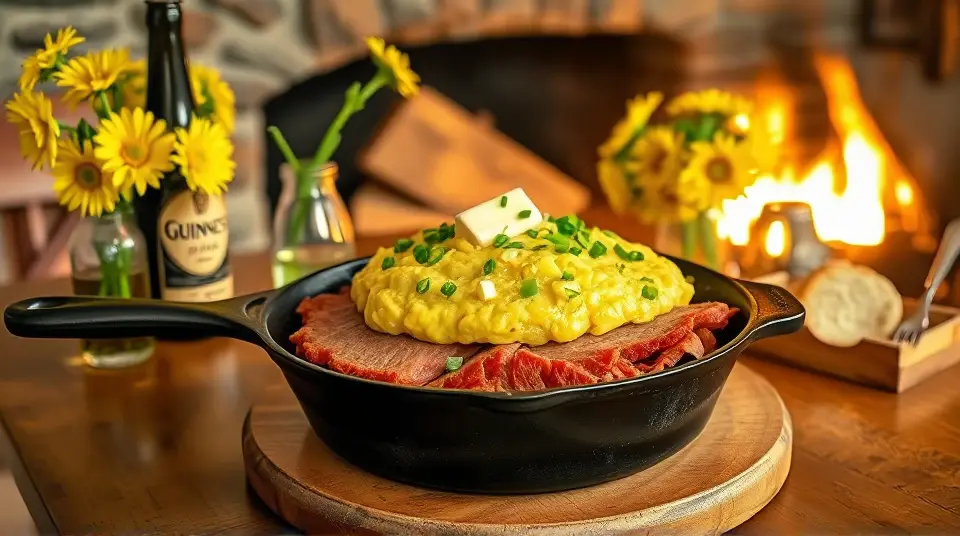 Irish Cast Iron Skillet Corned Beef and Colcannon (with mashed potato and cabbage)