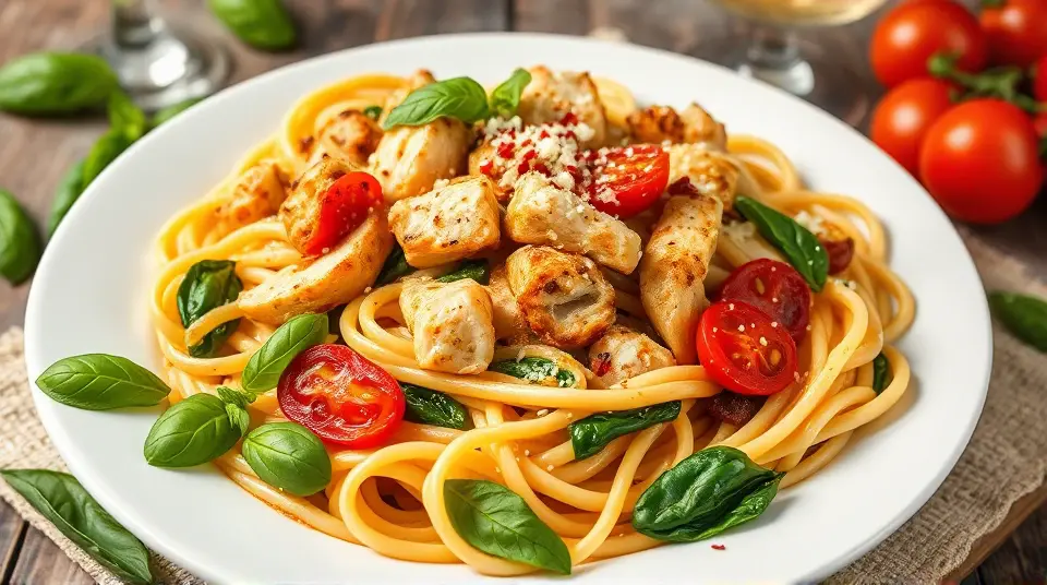 Asiago Chicken Pasta with Sun-dried Tomato and Spinach