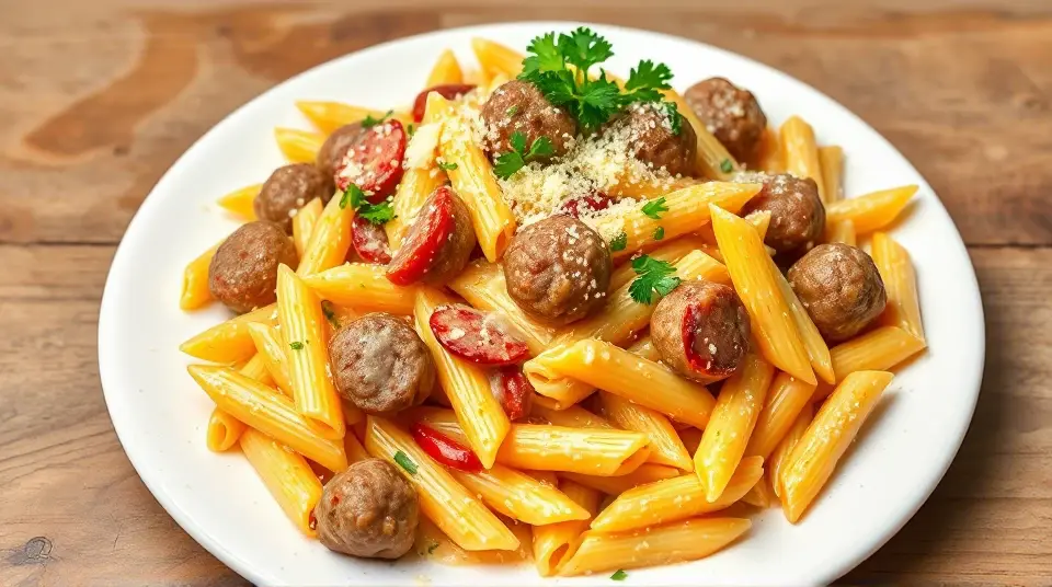 Creamy Italian Sausage Pasta with Kielbasa and Meatballs