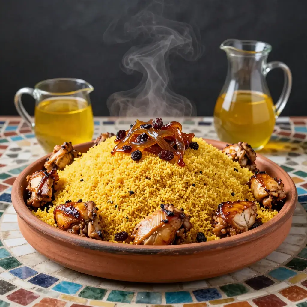 Couscous Tfaya (كسكس بالتفاية — Moroccan Couscous with Caramelised Onion and Raisin Crown)