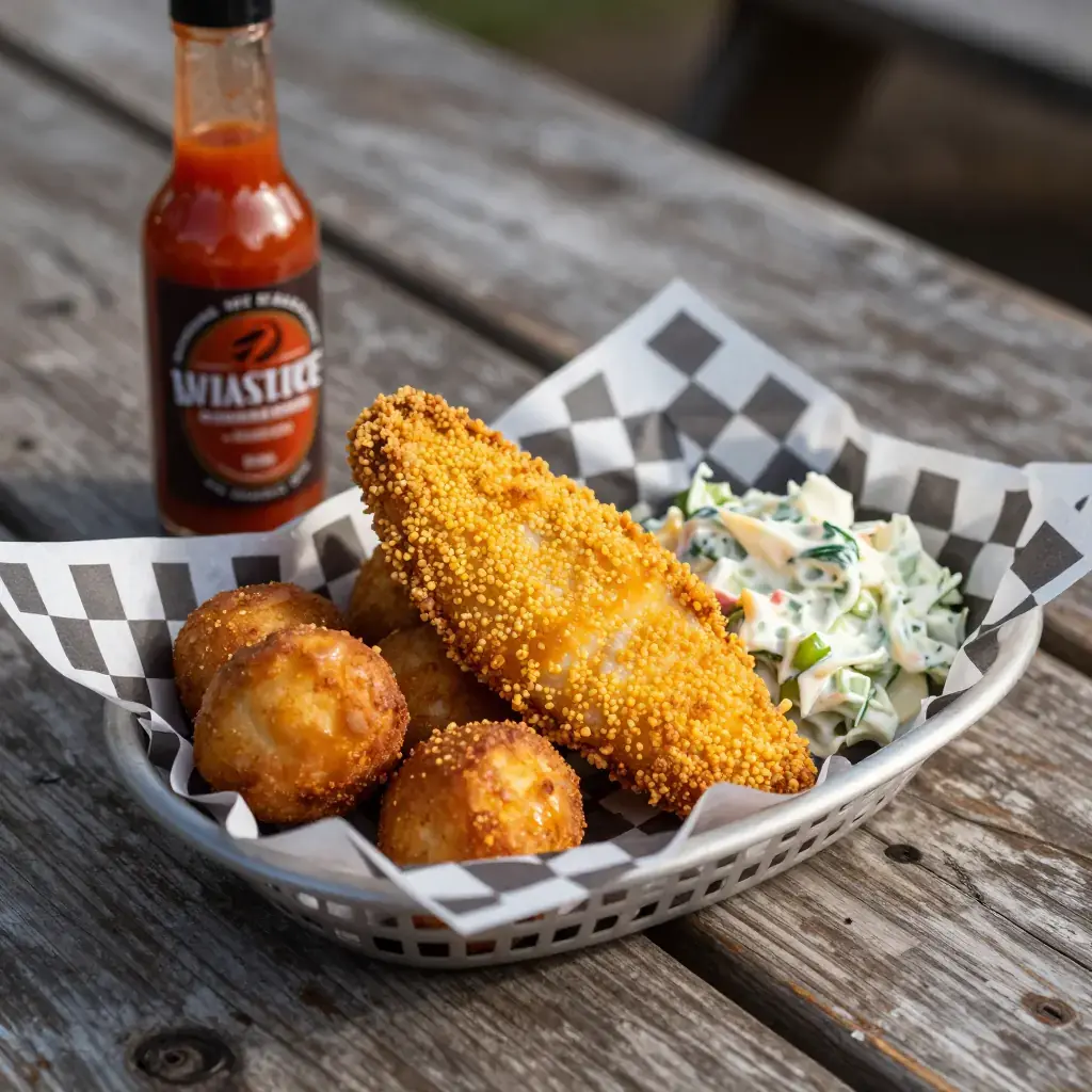 Southern Fried Catfish with Hush Puppies (Cornmeal-Crusted Catfish and Deep-Fried Cornbread)