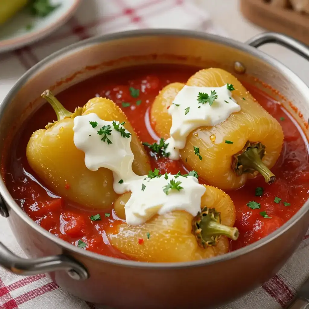 Punjene Paprike (Serbian Stuffed Peppers in Tomato Sauce)