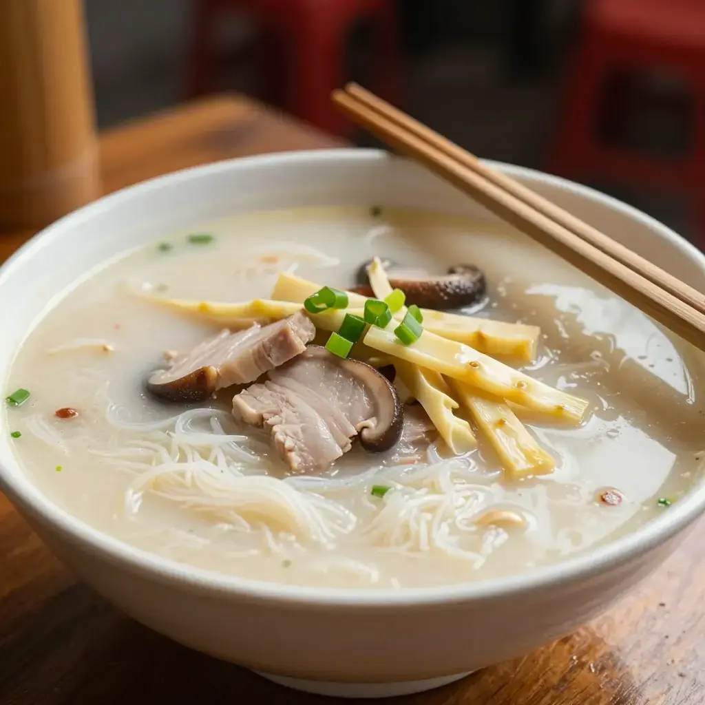 Fujian Ding Bian Hu (鼎边糊 — Fujian Rice Batter Soup with Pork and Vegetables)