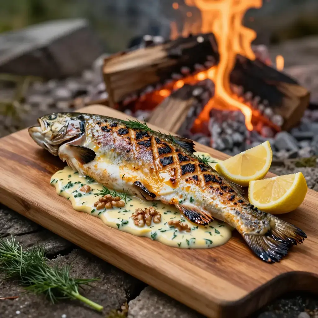 Mtsvari (მწვარი — Georgian Grilled River Trout with Walnut Herb Sauce)