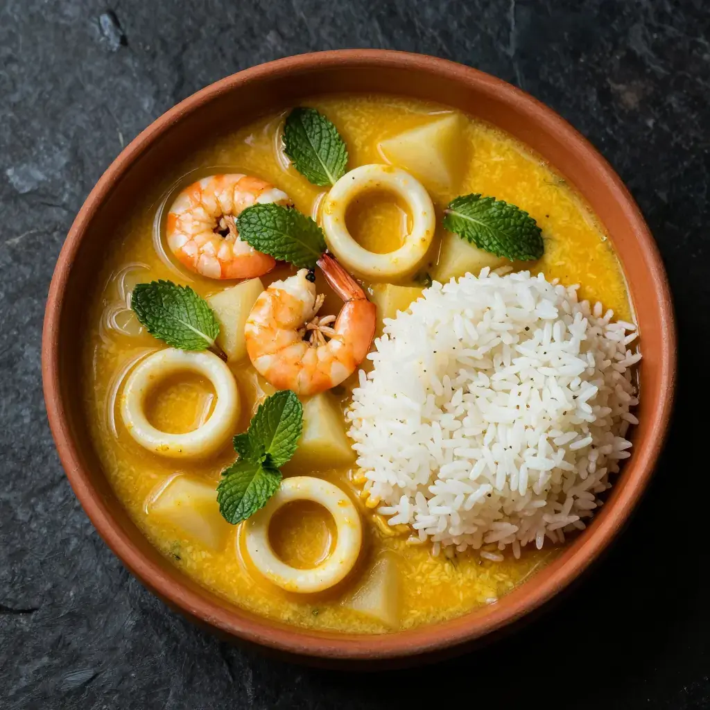 Cau Cau de Mariscos (Peruvian Seafood Tripe Stew with Turmeric and Mint)