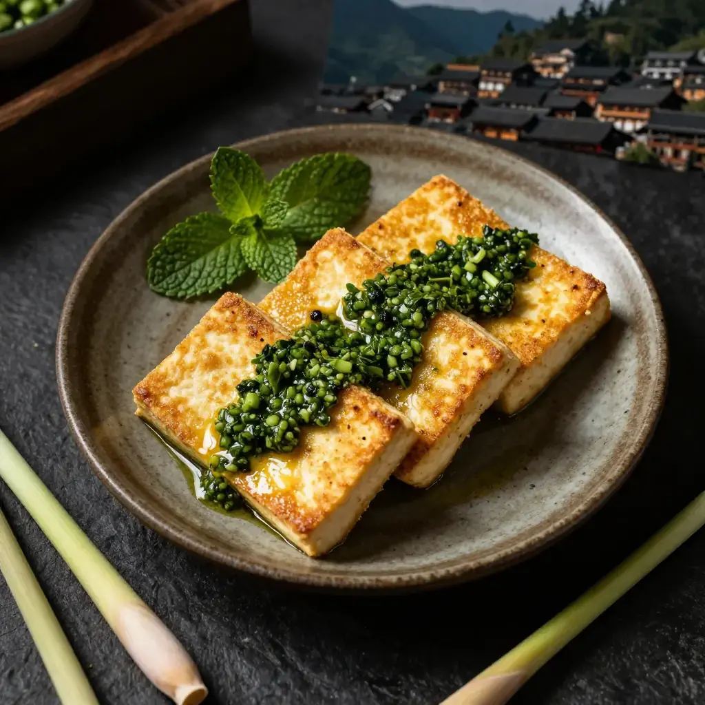 Yunnan Bai Zu Xiang Cao Dou Fu (云南白族香草豆腐 — Yunnan Bai-Style Pan-Crisped Tofu with Wild Herb Sauce)