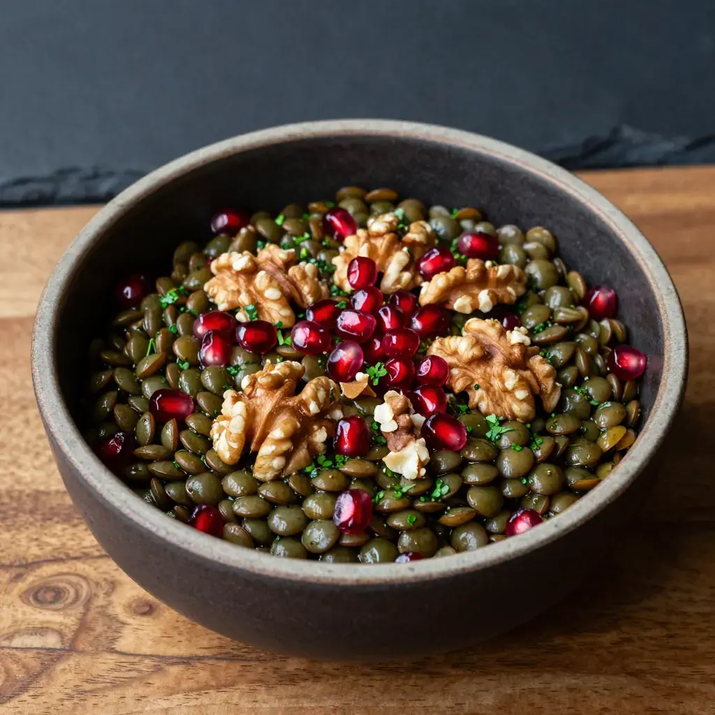 Lobio Mkhatulashi (ლობიო მხატულაში — Georgian Green Lentil and Walnut Salad with Pomegranate)