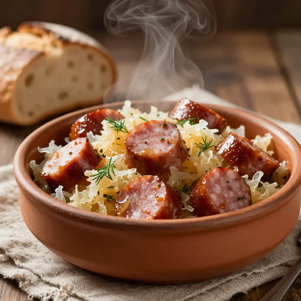 Dimljena Kobasica sa Kiselim Kupusom (Serbian Smoked Sausage with Sauerkraut)