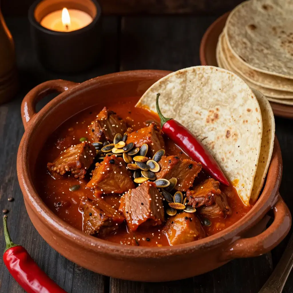 Pipián Rojo con Cerdo (Red Pumpkin-Seed Sauce with Pork)