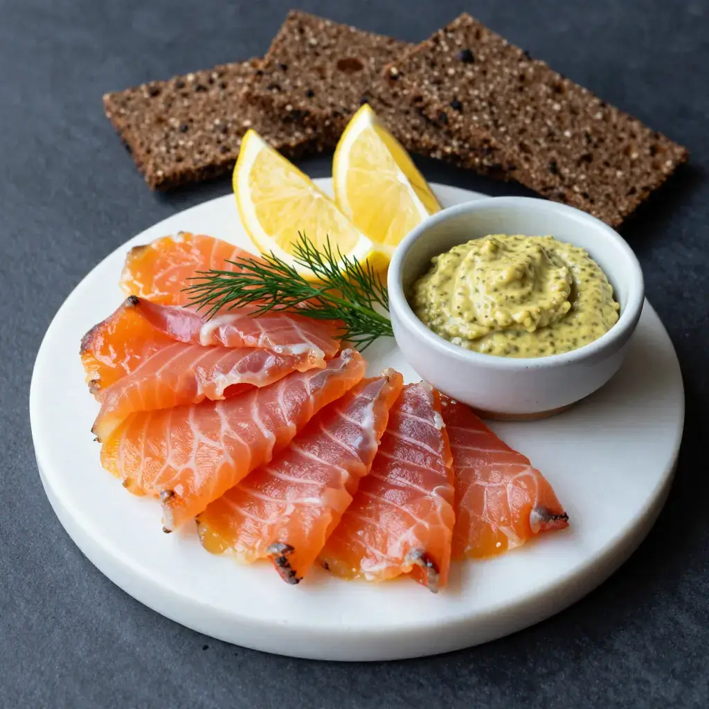 Gravlax med Hovmästarsås (Cured Salmon with Mustard Dill Sauce)