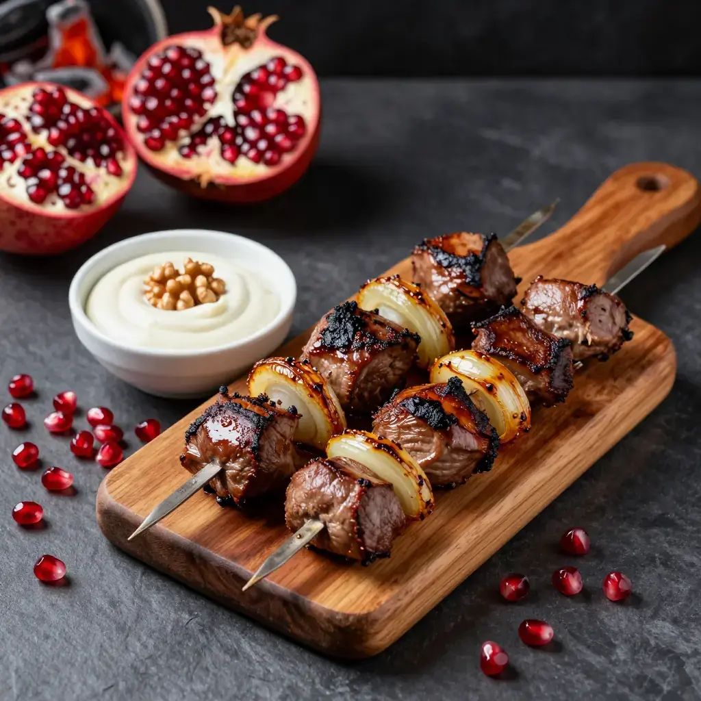 Mtsvadi Gulis (მწვადი გულის — Georgian Grilled Offal Skewers with Pomegranate and Walnut Sauce)