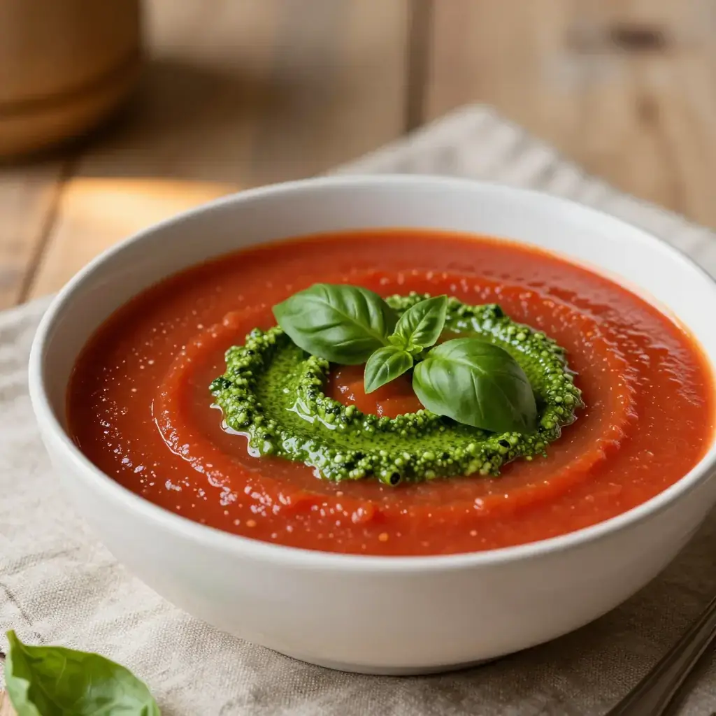 Gaspacho Provençal au Pistou (Provençal Cold Tomato Soup with Basil Pistou)