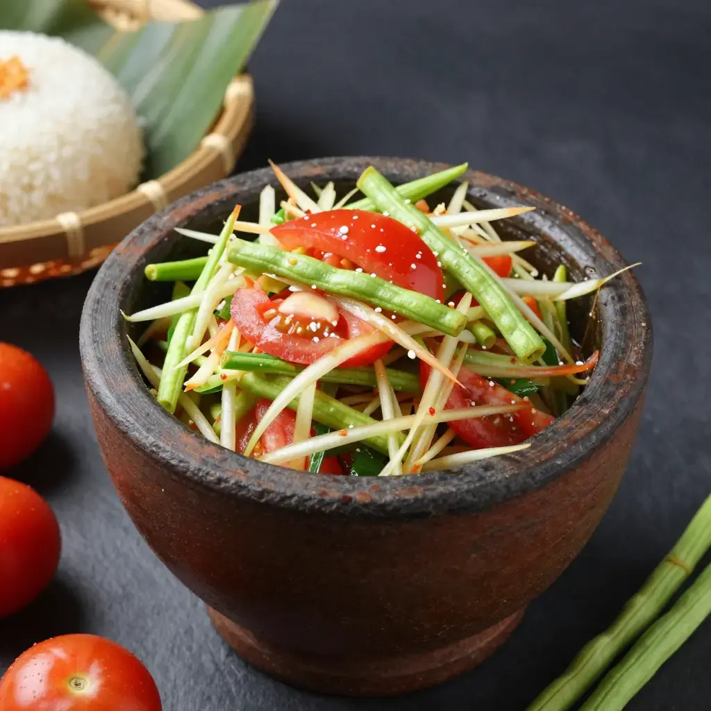 Tham Mak Houng kap Pū Dōng (ຕໍາໝາກຫຸ່ງໃສ່ປູດອງ — Green Papaya Salad with Fermented Mud Crab)