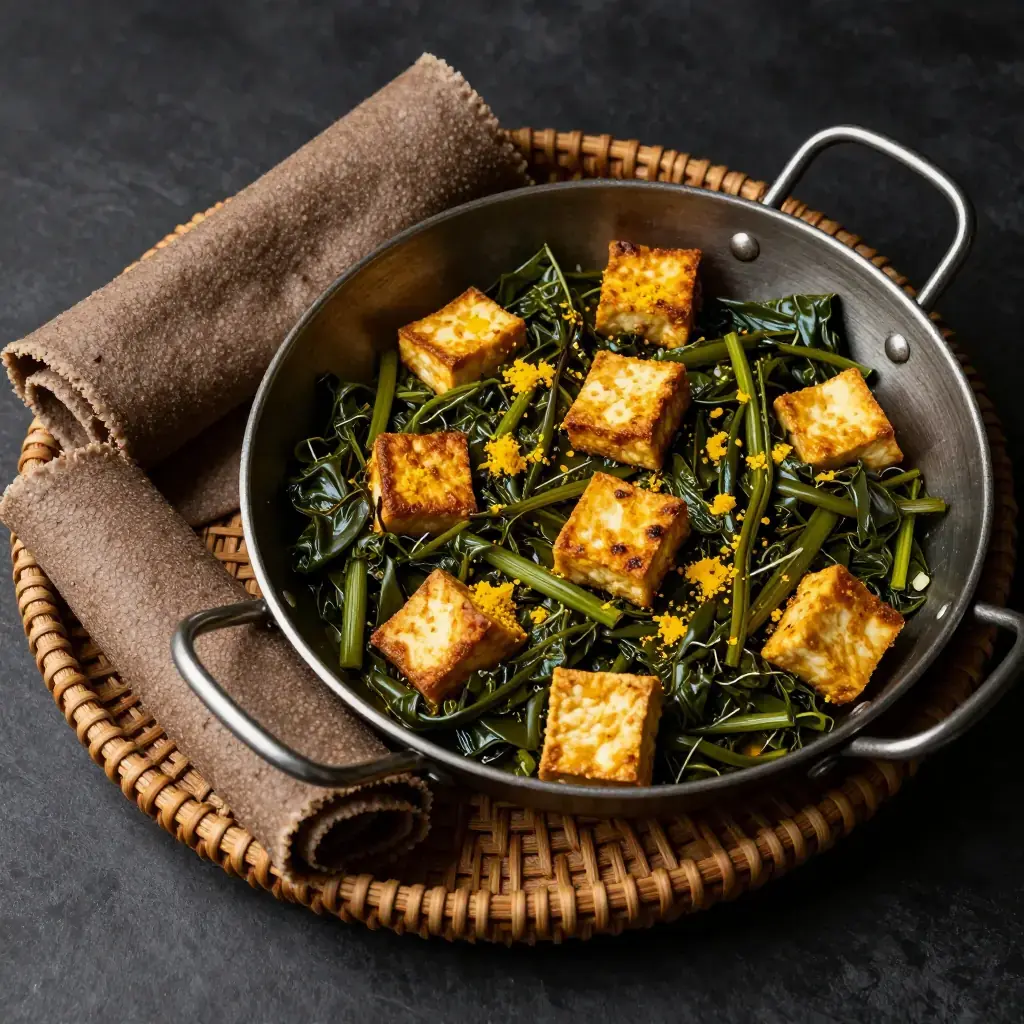 Ye'abesha Gomen Stir-Fry be Tofu (Ethiopian Collard Greens with Crispy Tofu)