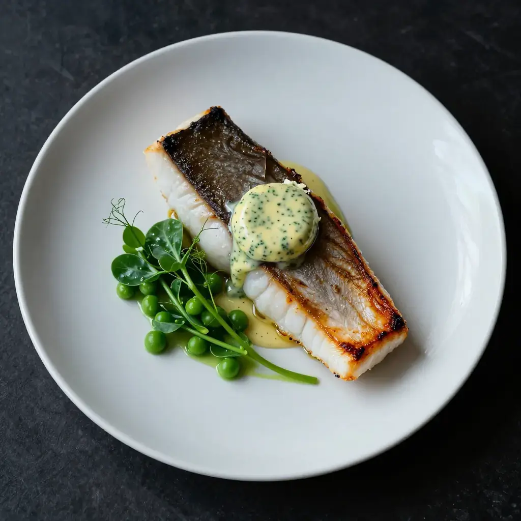 Pan-Seared Striped Bass with Ramp Butter and Spring Pea Shoots