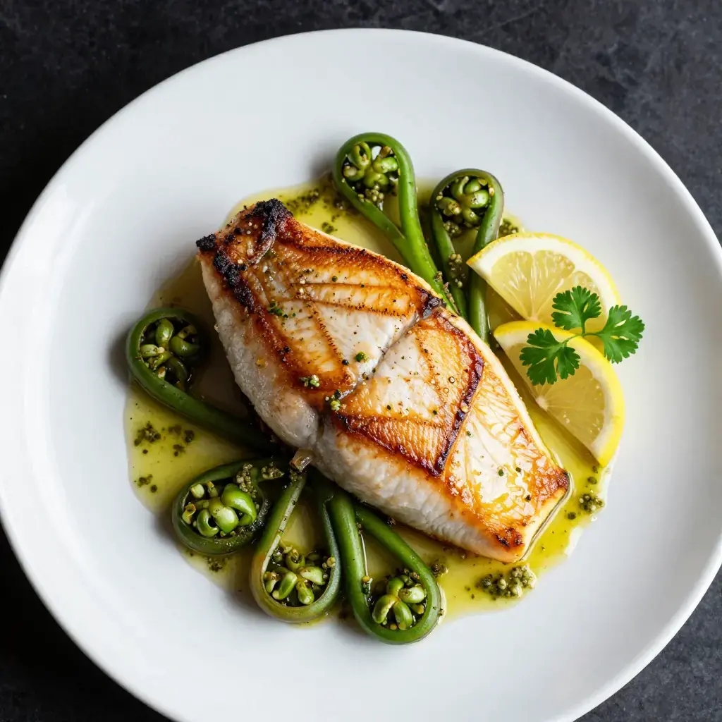 Pan-Seared Halibut with Spring Fiddleheads and Lemon-Caper Butter