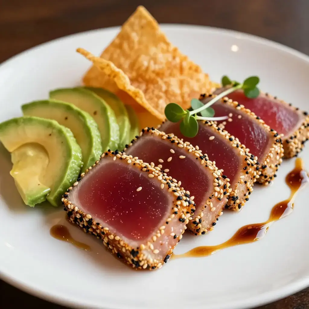 Seared Ahi Tuna with Ponzu, Avocado, and Crispy Wonton
